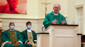 L-R, Msgr Tim Keeney , Fr. Chris Masla and Bishop of the Diocese of Richmond, The Most Reverend Barry C. Knestout, D.D. during Our Lady of the Rosary Mass at Crozet Baptist Church in Crozet VA Sun. Oct. 4, 2020.