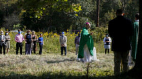 Bishop of the Diocese of Richmond, The Most Reverend Barry C. Knestout, D.D. during a blessing of Our Lady of the Rosary furture site in Crozet VA Sun. Oct. 4, 2020.