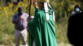 Bishop of the Diocese of Richmond, The Most Reverend Barry C. Knestout, D.D. during a blessing of Our Lady of the Rosary furture site in Crozet VA Sun. Oct. 4, 2020.